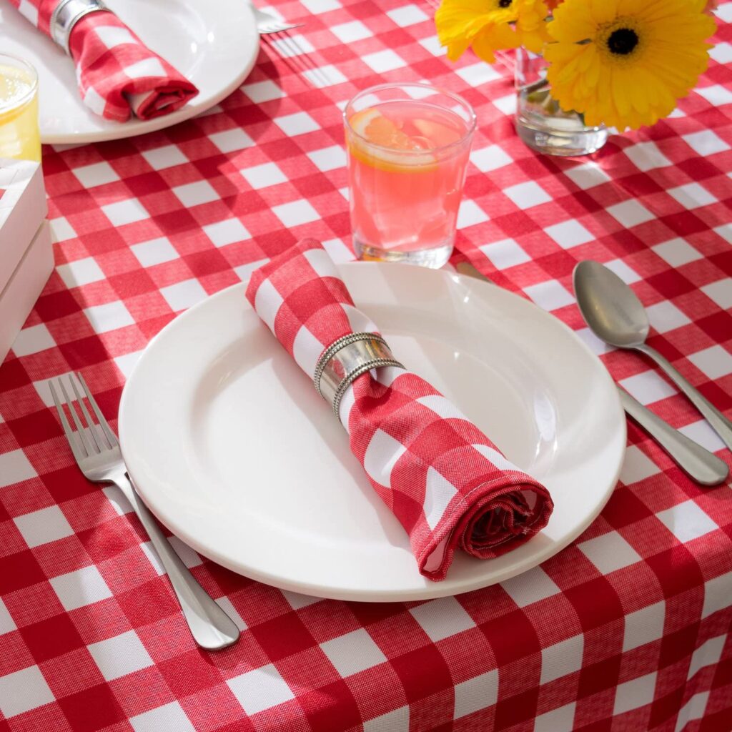 Place setting with red buffalo check table cloth