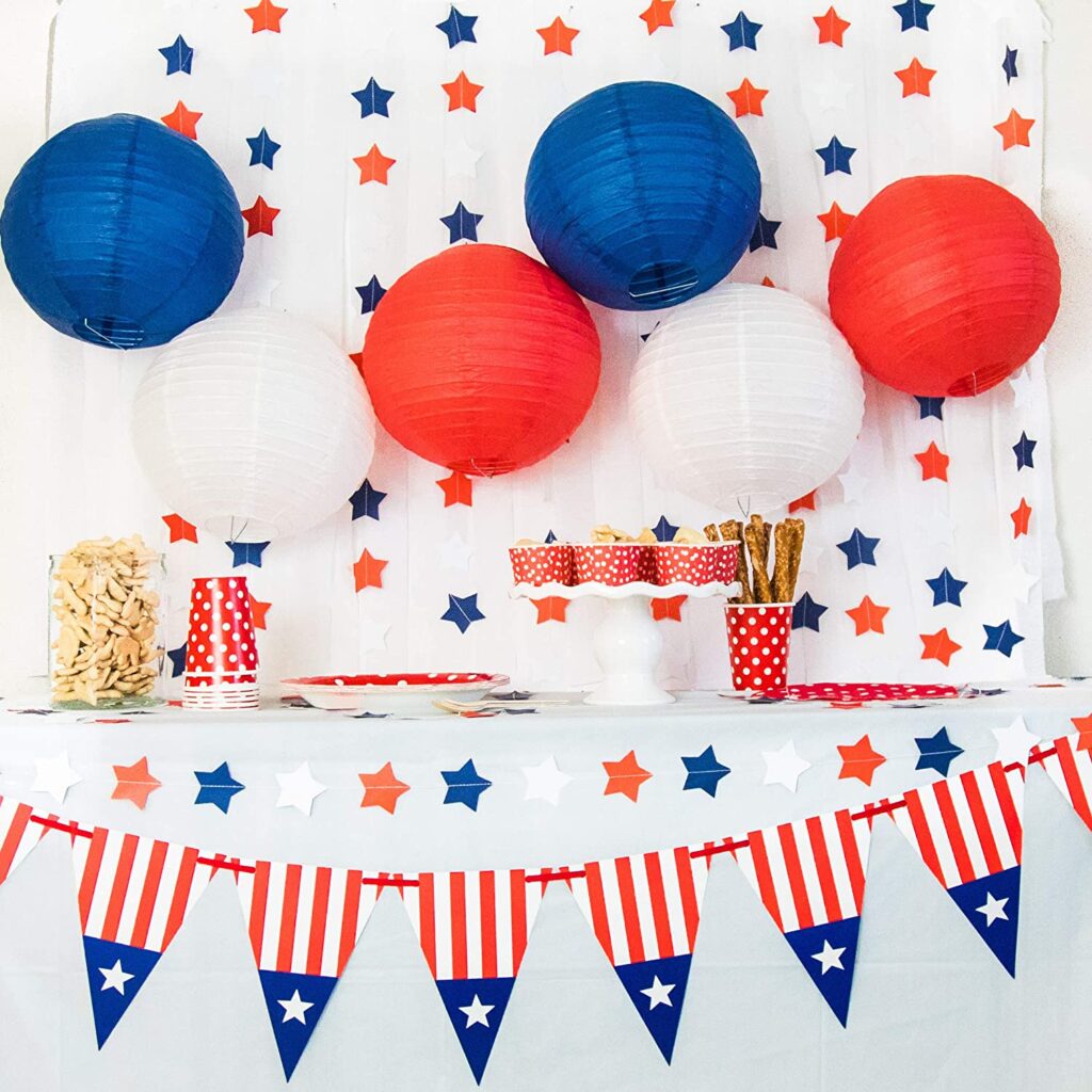 Stars and stripe triangle bunting banner on front of a table
