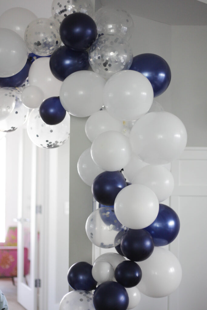 Navy, white and silver confetti balloon garland