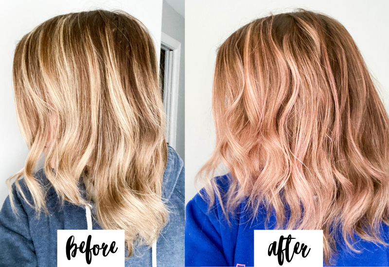 Before and after of pink-tinted hair