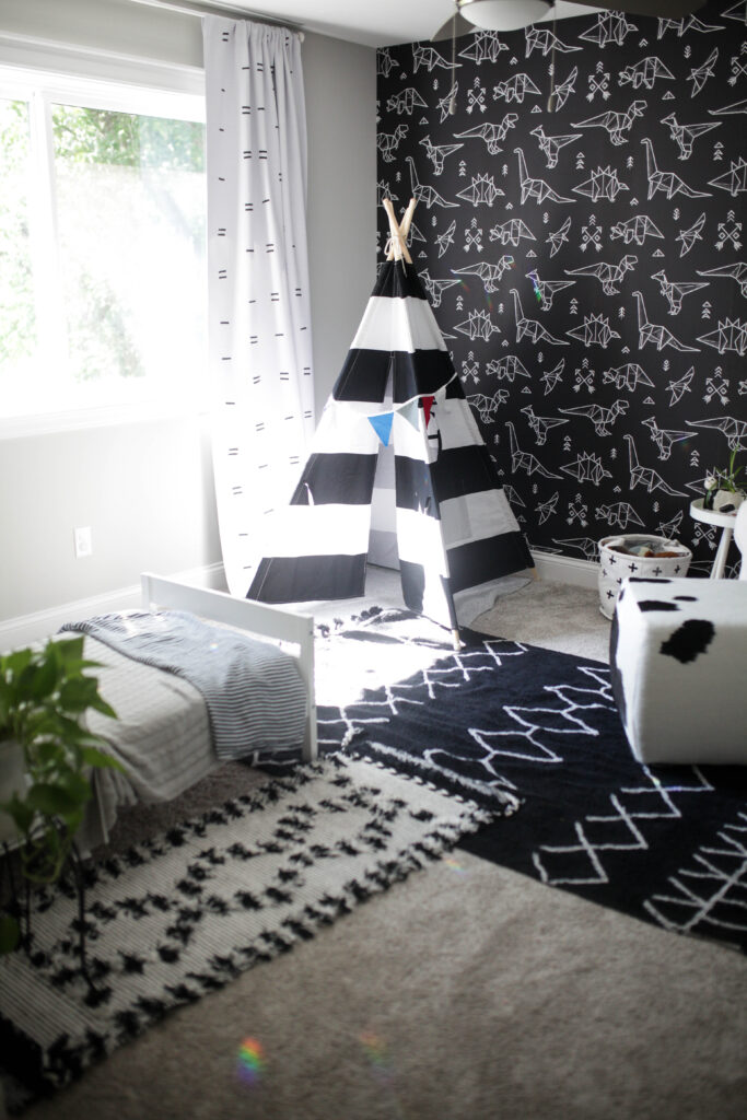 Black and white modern dinosaur kids room