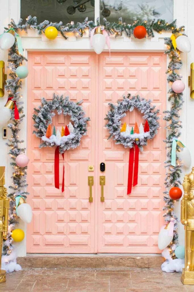 christmas door with bottle brush trees