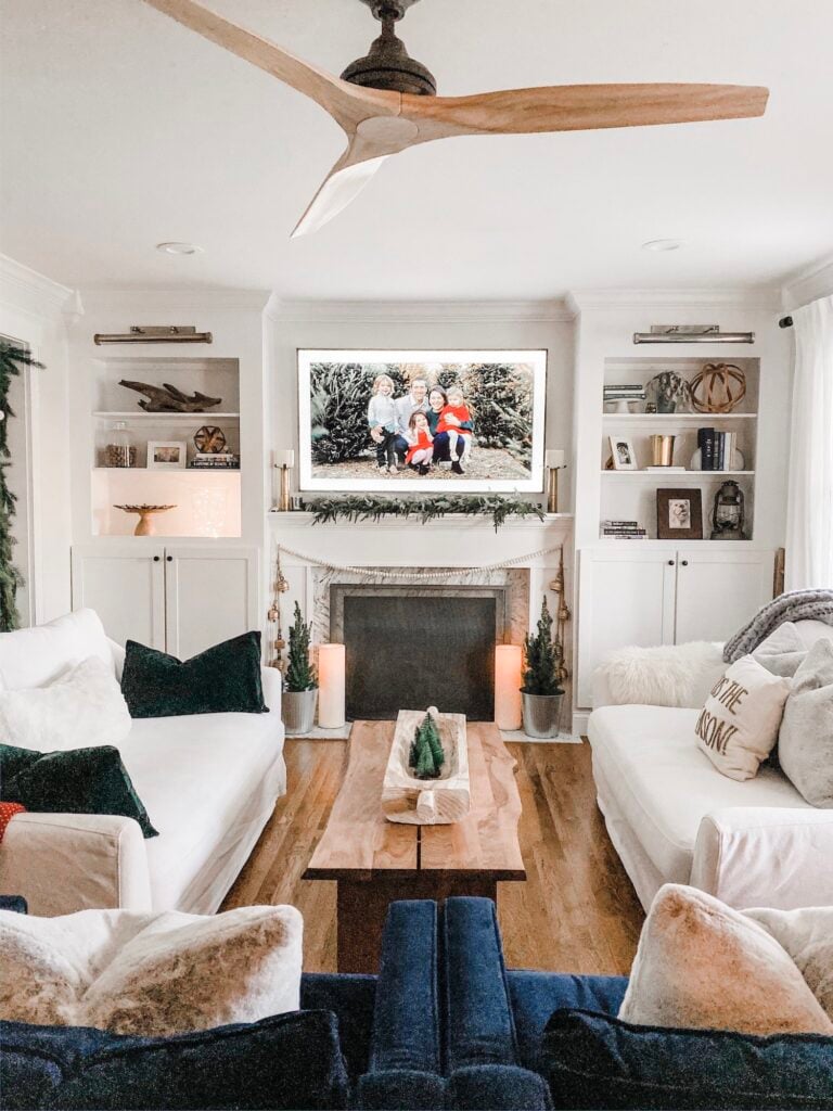 Classic Christmas decor with Bottle Brush Christmas Trees in a wood centerpiece.