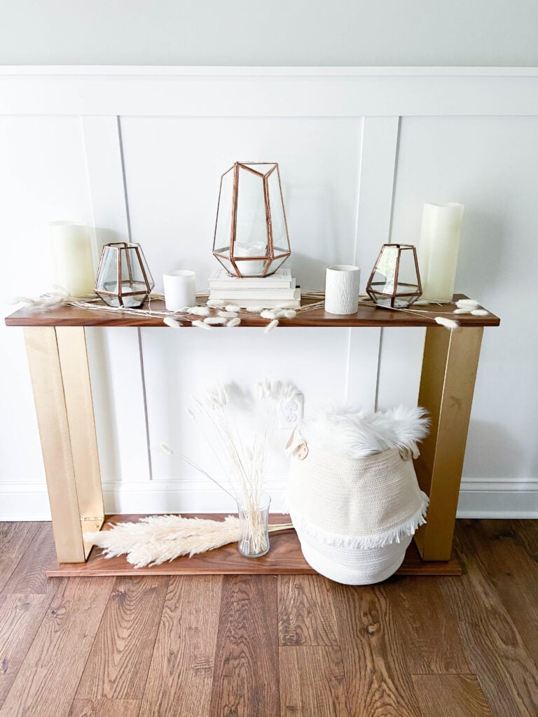 Neutral boho chic console table decor