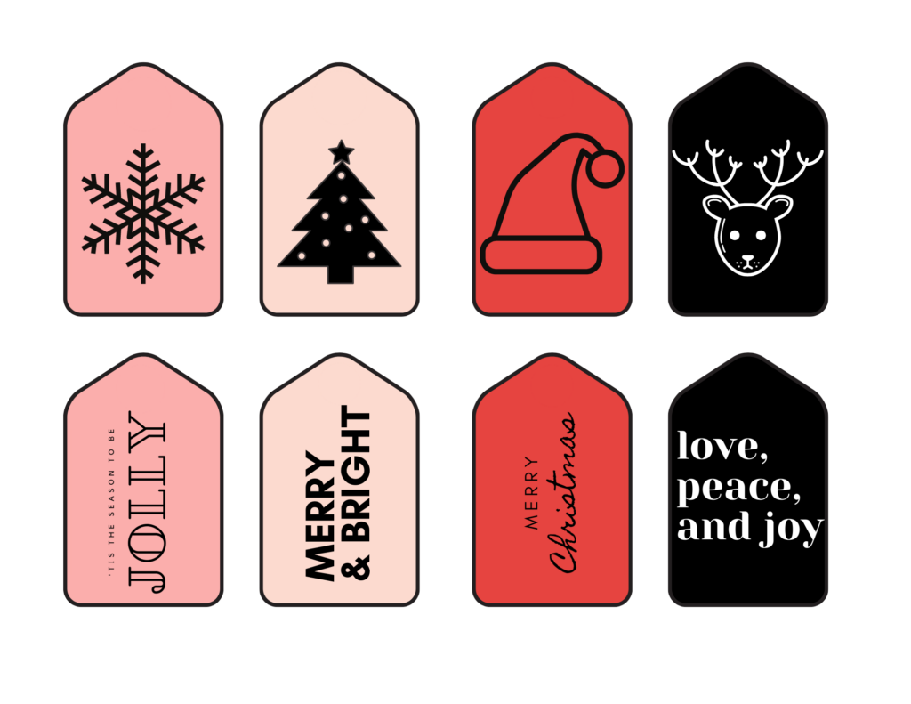 red, pink and black christmas gift tags