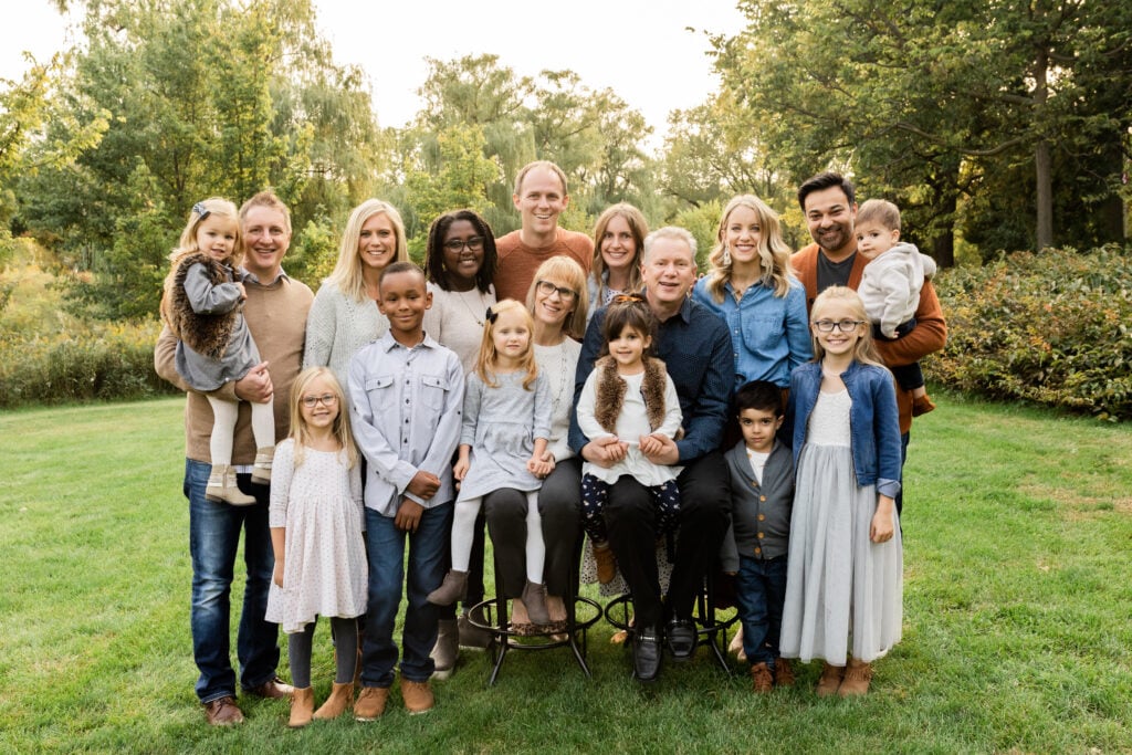 Large family in neutral outfits