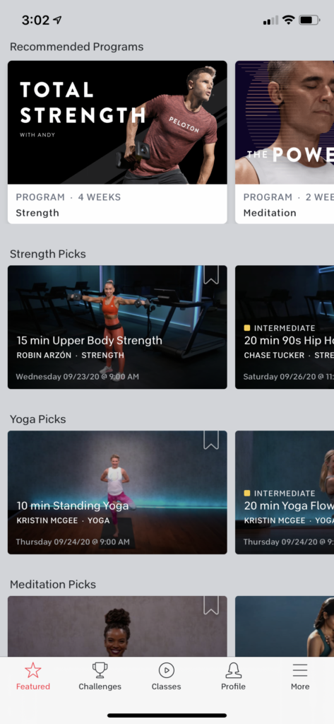 Screenshot of different Peloton class options