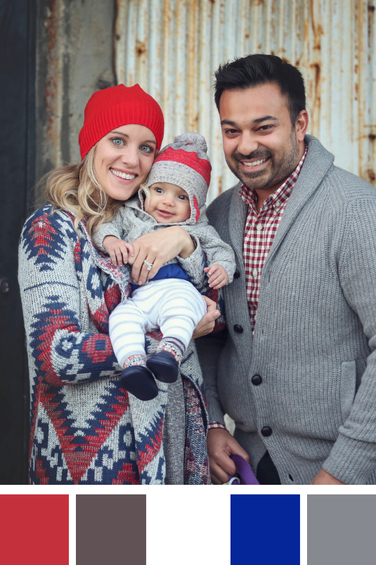 Family in a gray, white, blue and red color palette