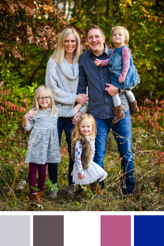 Family in a white, gray, brown, pink and blue color palette