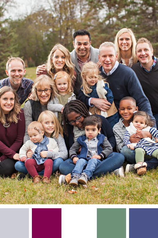 Large family in a gray, maroon, white, green and blue color palette