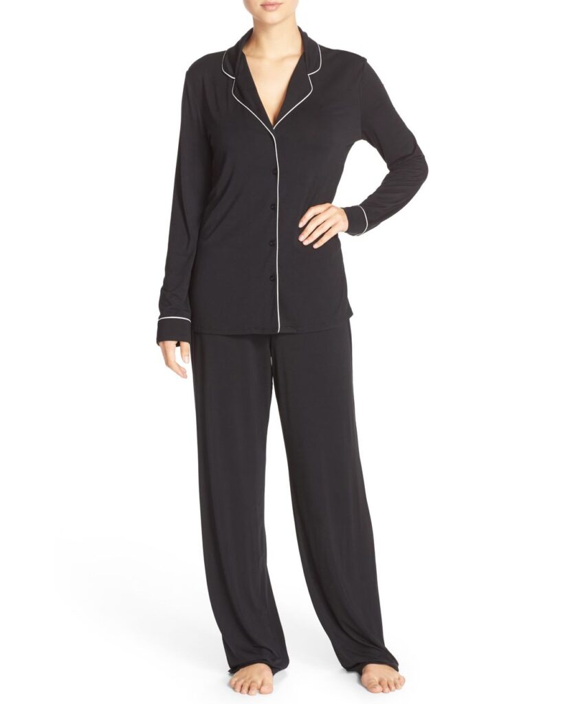 Black women's pajama set - button-up collared top and pants