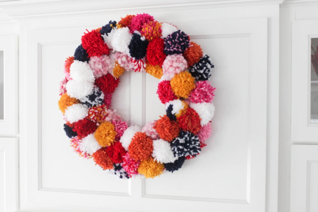 Handmade Pom Pom Wreath White With Red and Green, White, Red Mixed