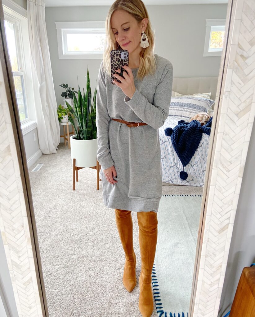 Sweatshirt dress with tall boots
