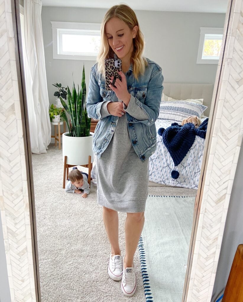 sweatshirt dress and converse shoes