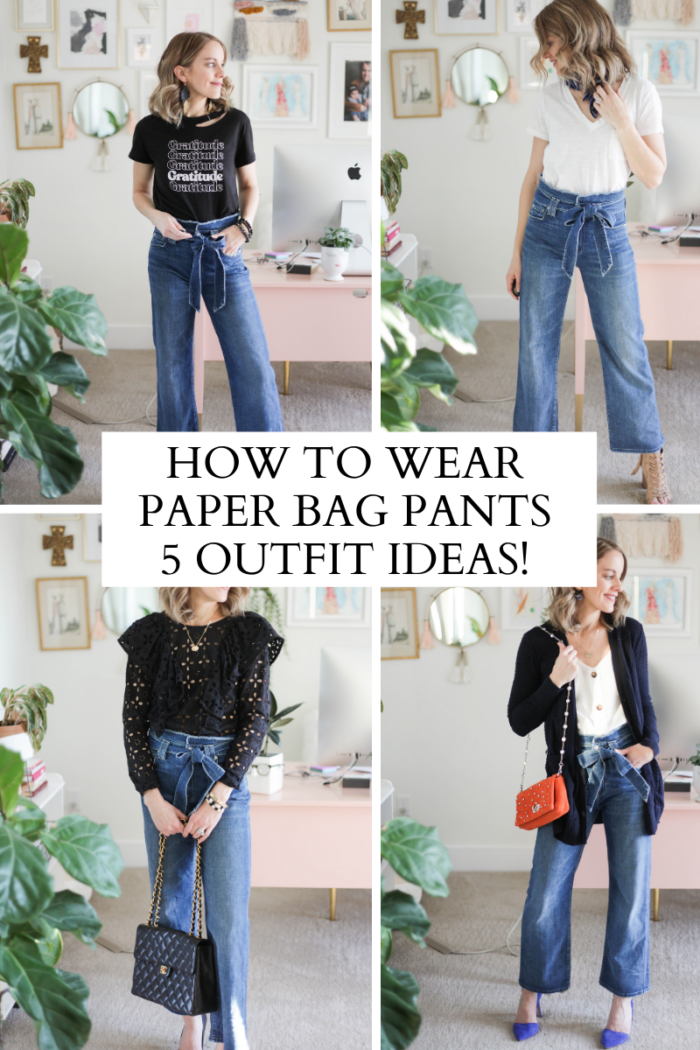 blue and white paper bag pants