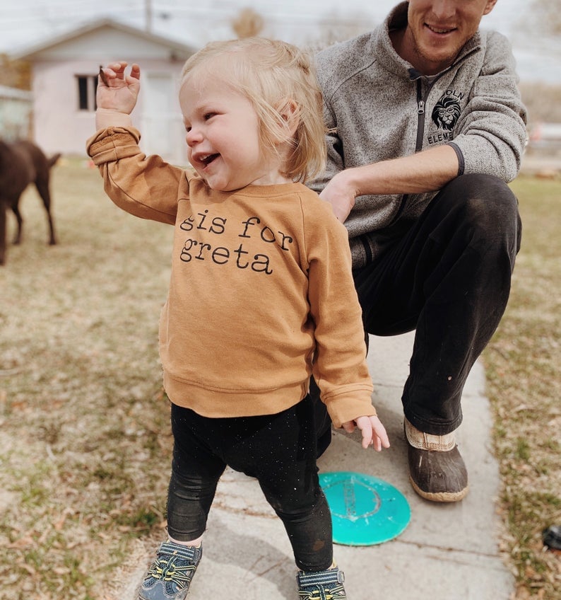 Girl in G is for Greta custom sweatshirt