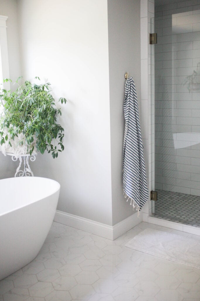 Bathroom with turkish towel hanging on a hook