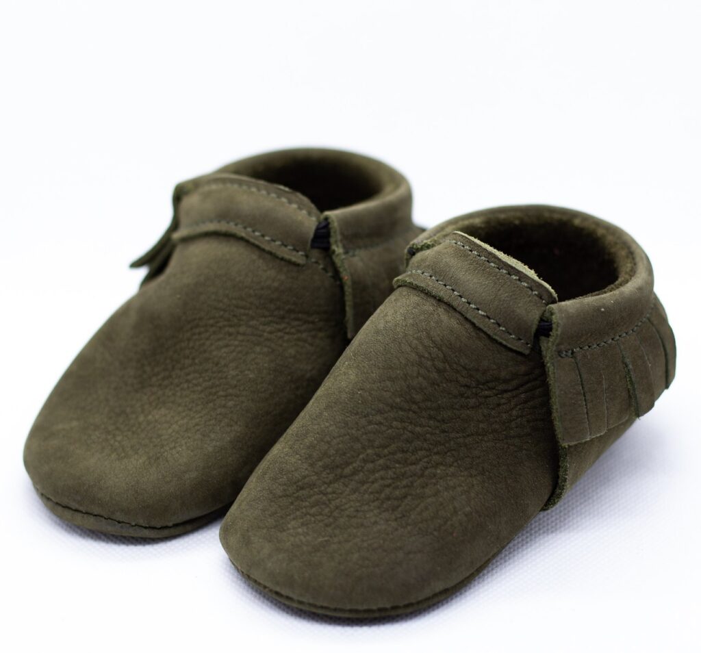 Brown-green baby moccasins