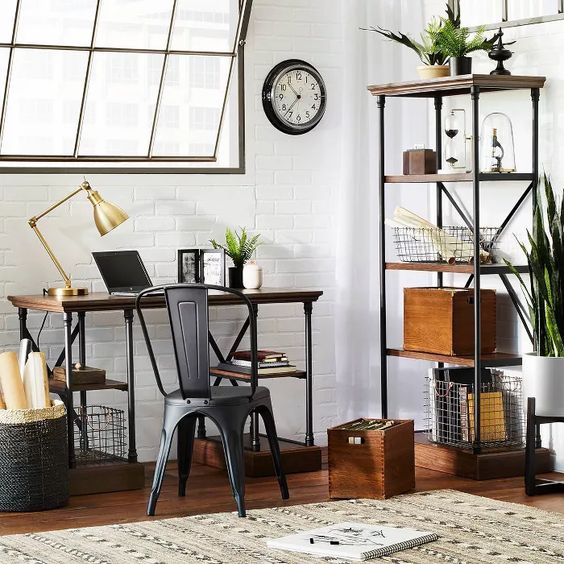 Home office with hourglass on shelf
