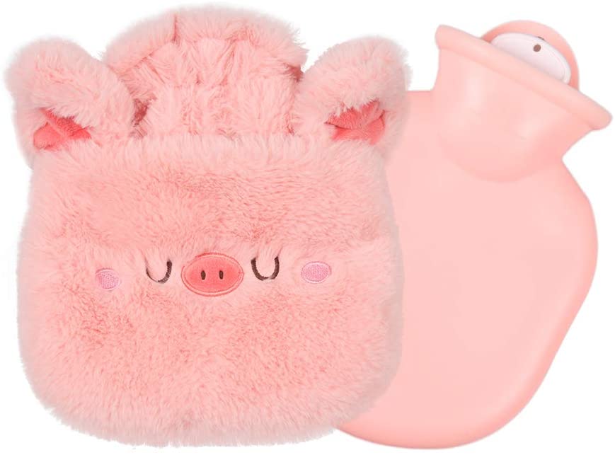 Pink hot water bottle with plush pig cover