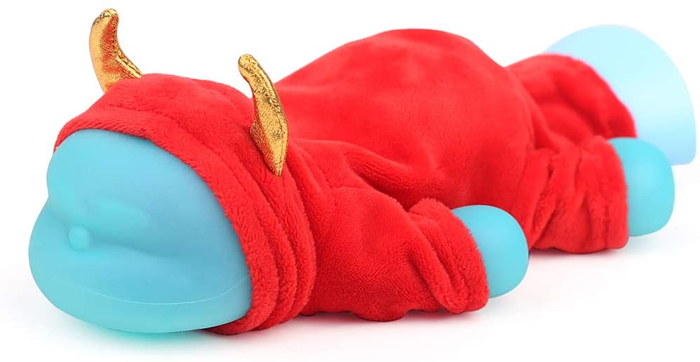 Blue cat shaped hot water bottle wearing red devil costume