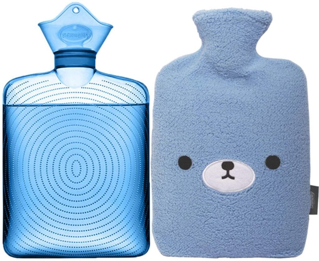 Blue hot water bottle with blue fuzzy bear cover