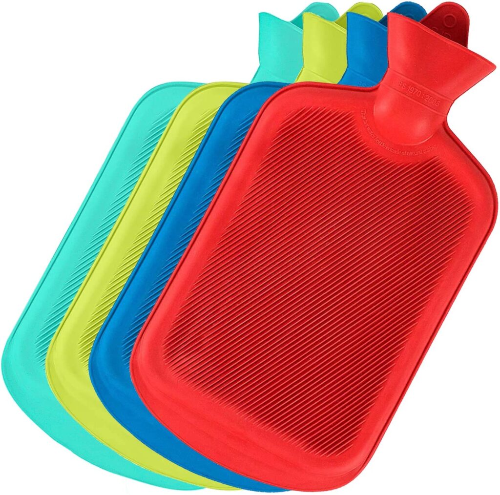 4 rubber hot water bottles in different colors