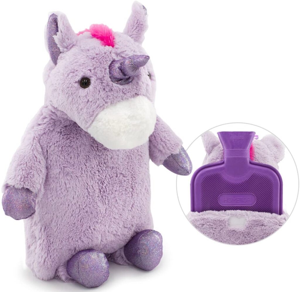 Purple hot water bottle that goes in back of plush unicorn cover