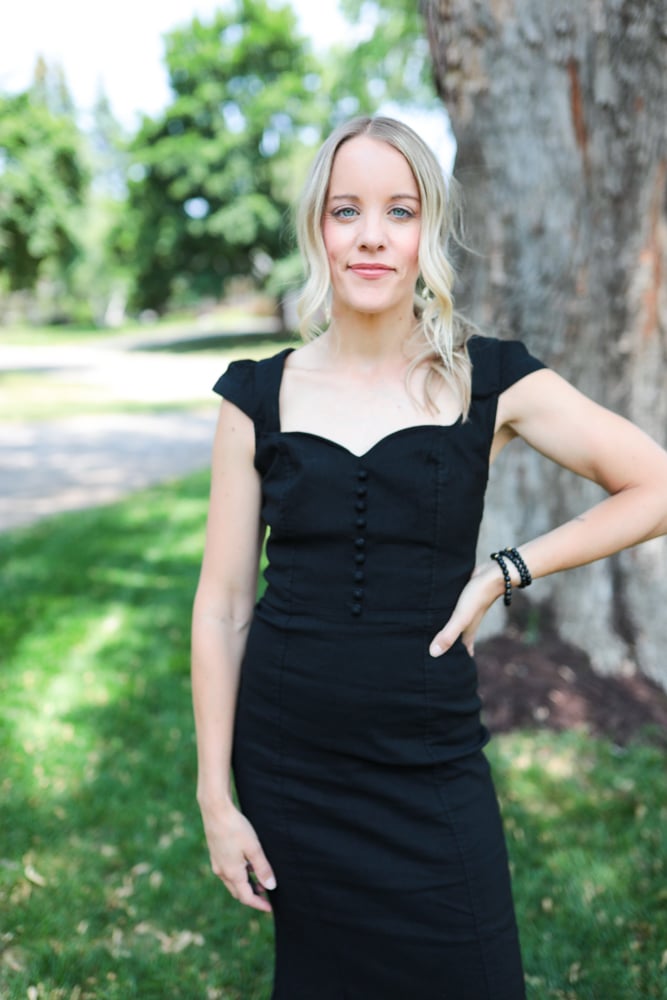 Woman in sweetheart neck dress
