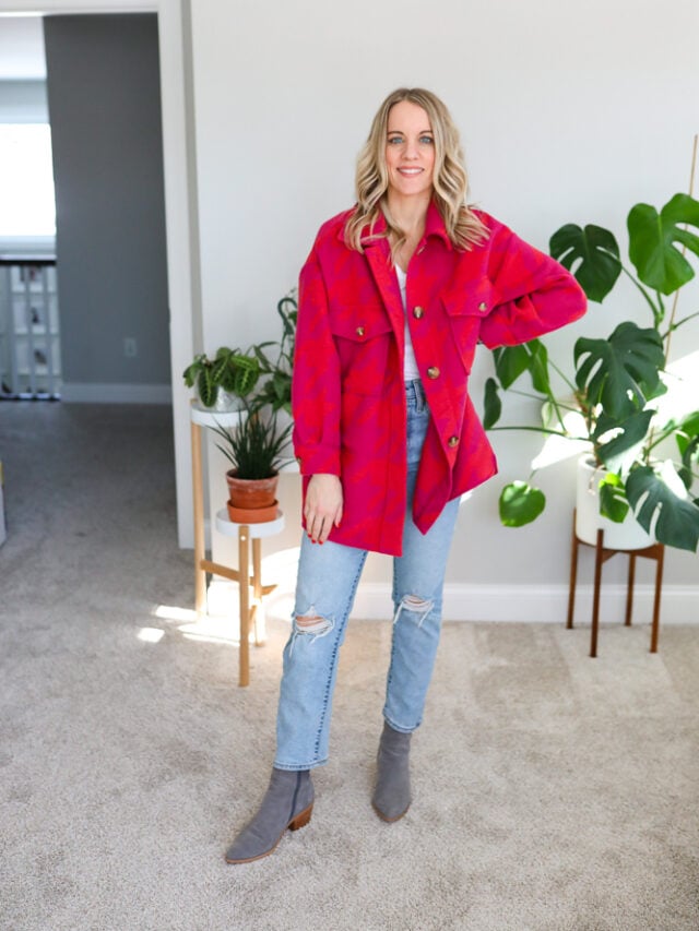 pink and red shacket and straight leg jeans outfit