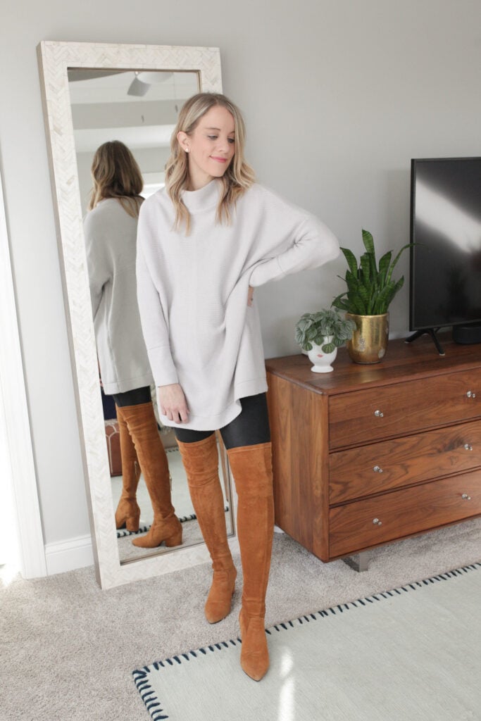 Look Chic in Your Leather Leggings Outfit with an Oversized Sweater and Over the Knee Boots