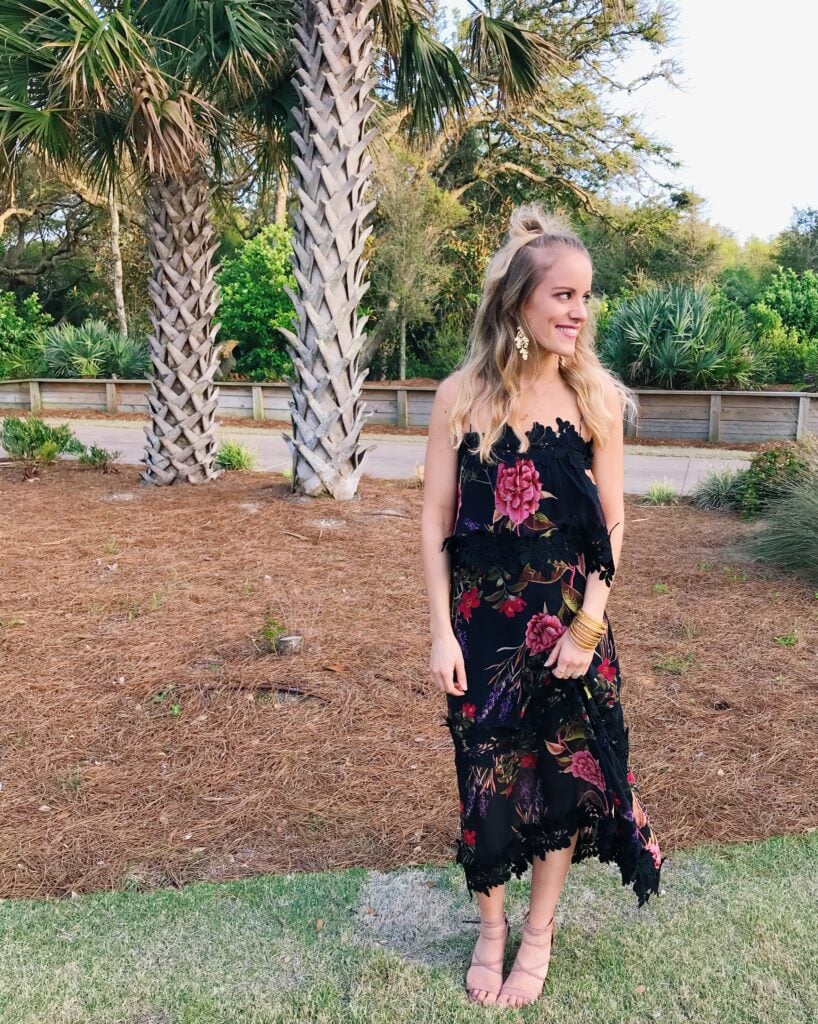 Woman in maxi dress and dressy strappy sandals