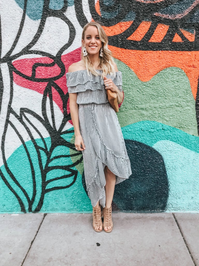 Midid dress off the shoulder with gladiator sandals 