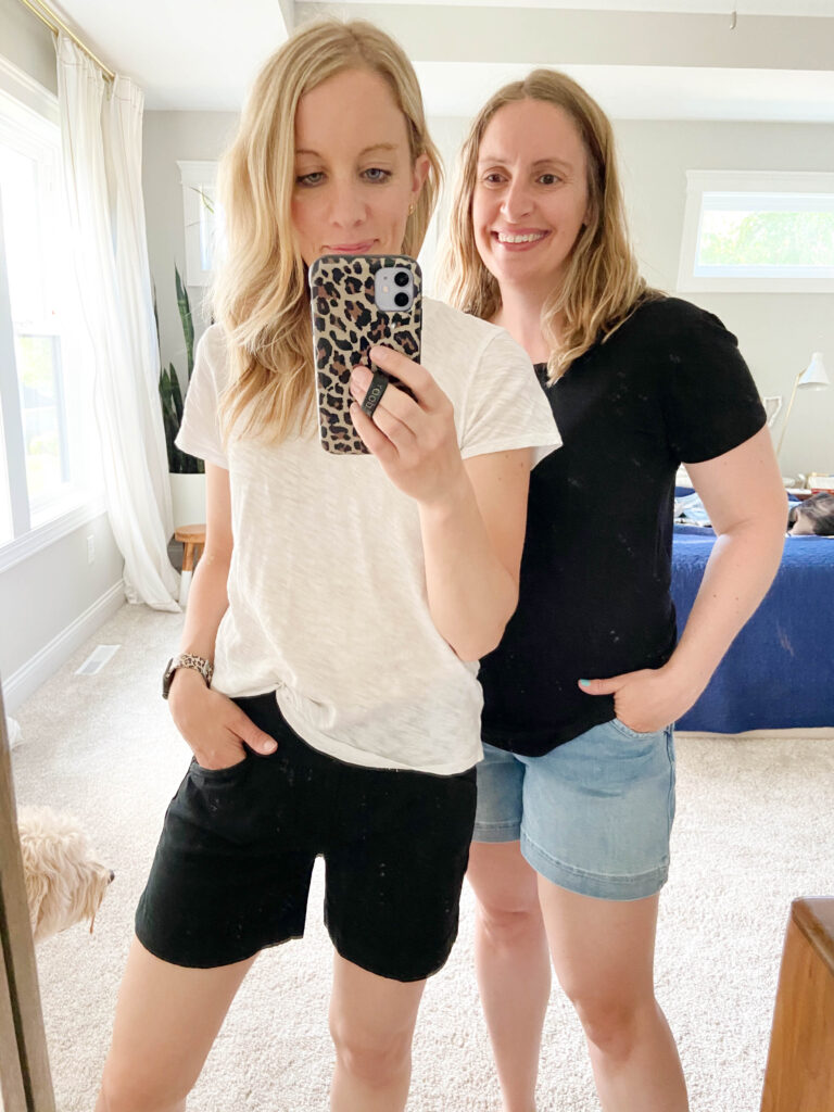 Two women wearing pull on jean shorts
