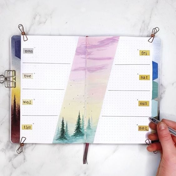 Weekly bullet journal spread via @hannahmariaplans