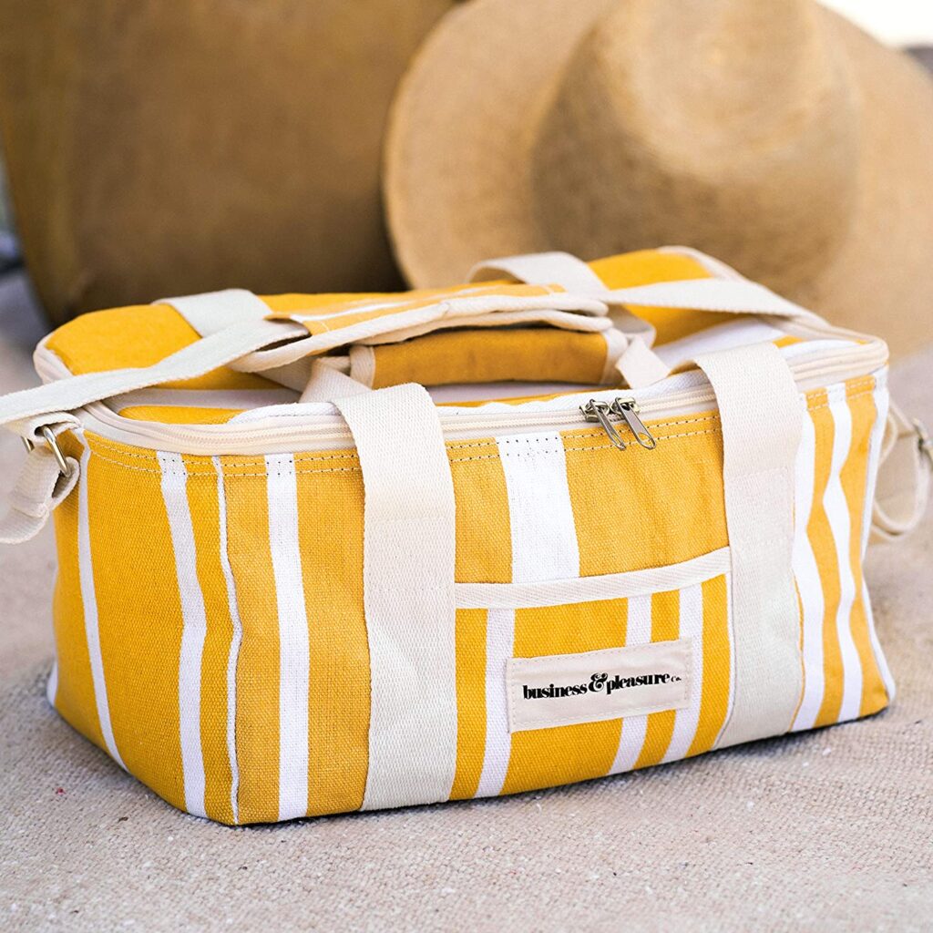 Canvas cooler bag, yellow and white stripes