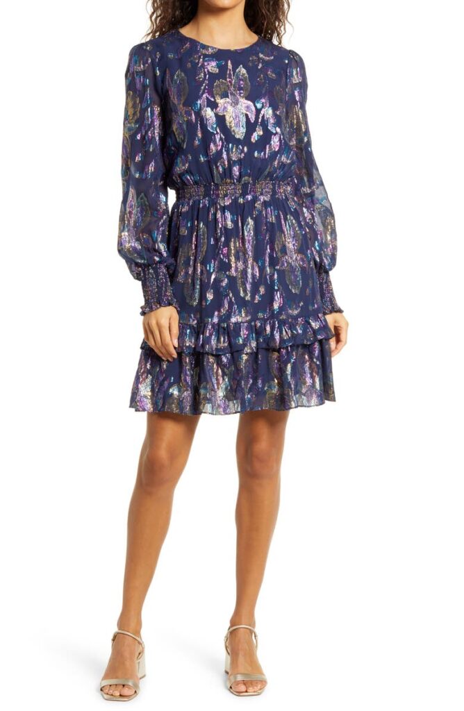 Metallic Floral Long Sleeve Dress