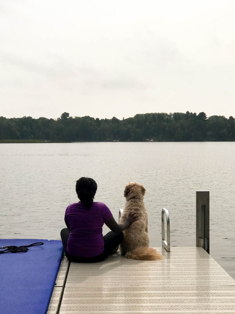 mini goldendoodle on lake