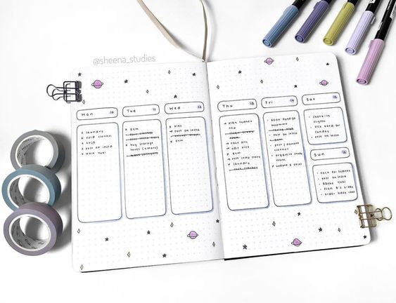 Weekly bullet journal spread via @sheena_studios