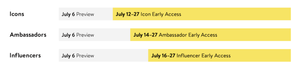 Icon Early Access July 12-27
Ambassador Early Access July 14-27
Influencer Early Access July 16-27