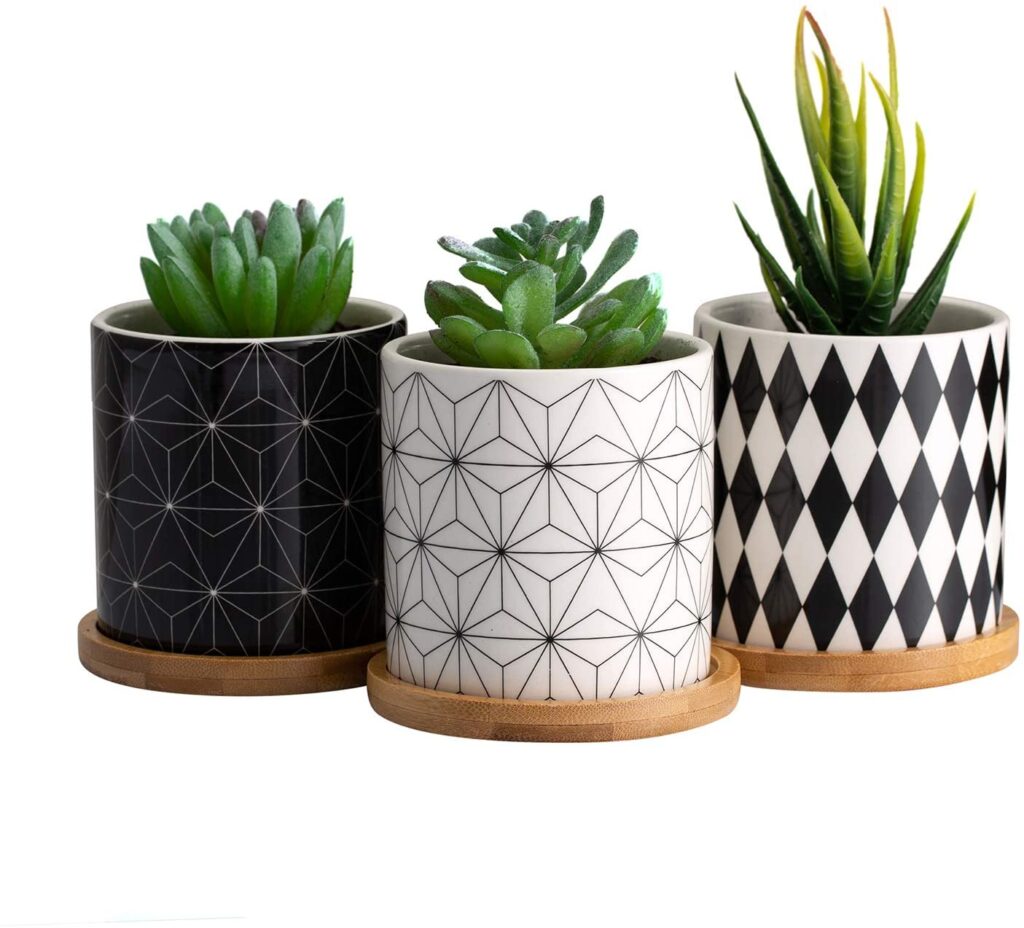 Set of 3 black and white pots