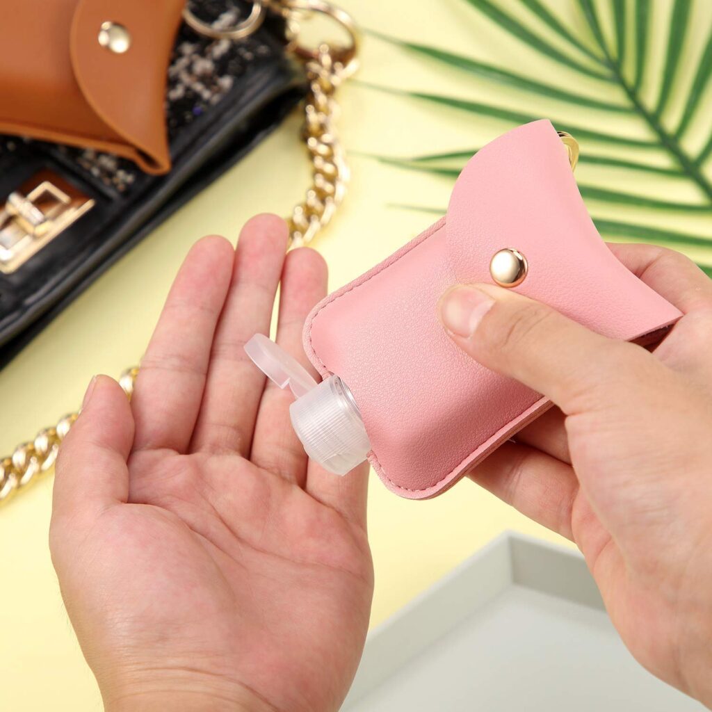 Pink leather case with hand sanitizer