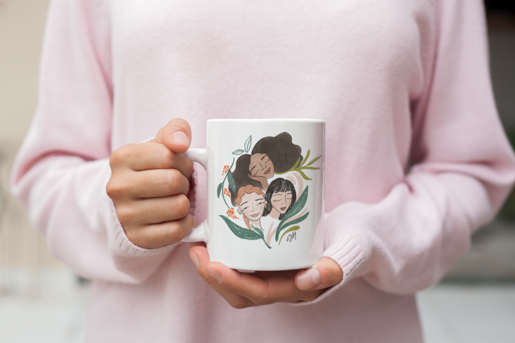 Coffee mug with illustration of 3 women