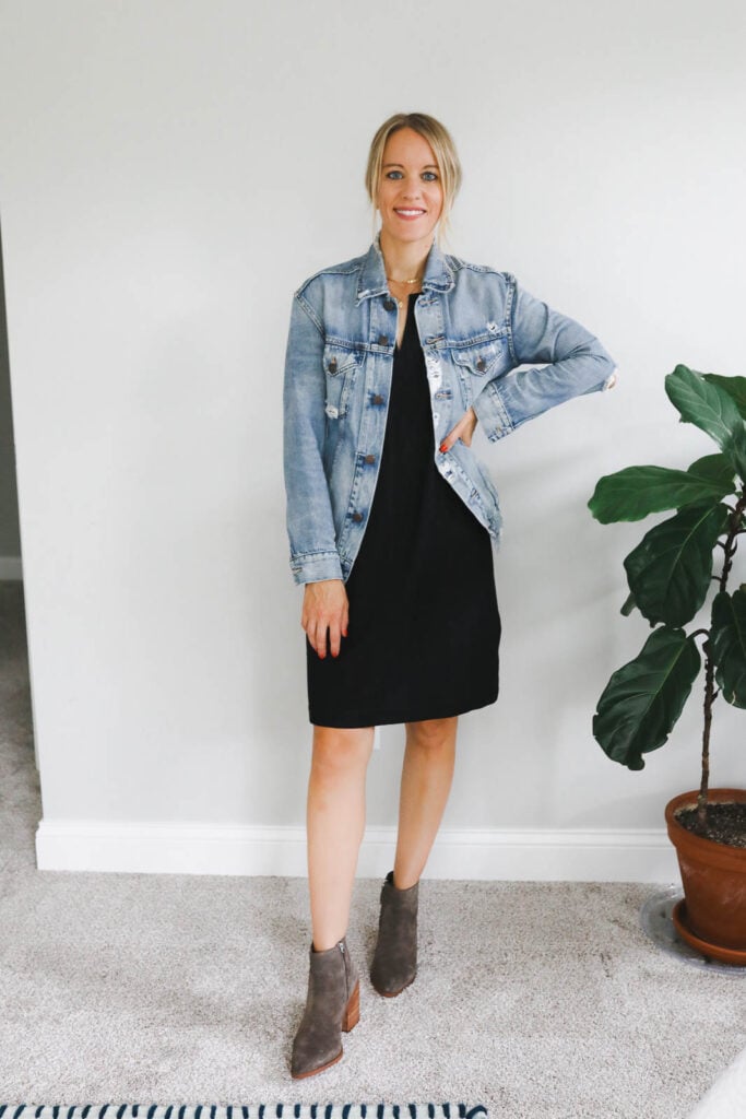 Woman in shift dress and jean jacket