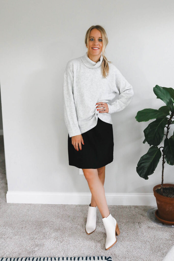 A sweater and booties make a shift dress appropriate for winter