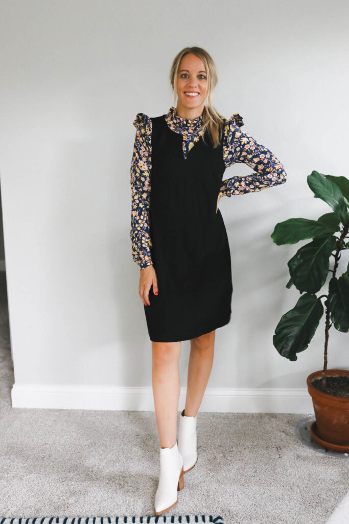 Shift dress with long sleeve blouse underneath and white booties