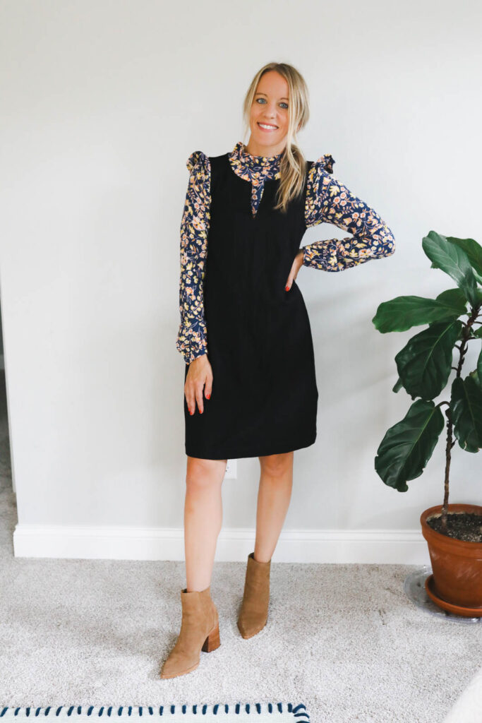 Ankle boots and a long sleeve blouse under the shift dress make it great for fall