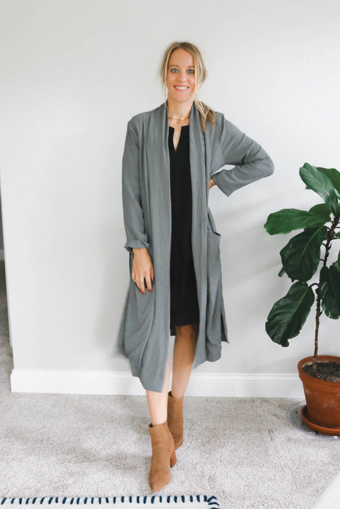 Wear a shift dress with a duster and booties