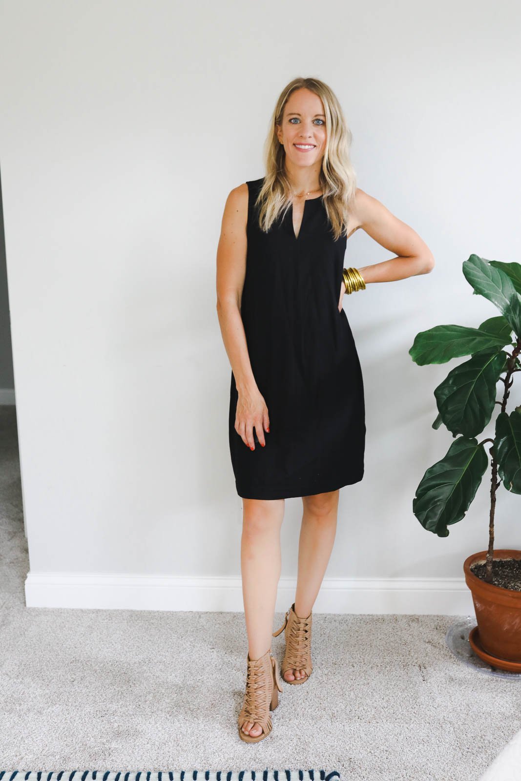 black shift dress and wedges