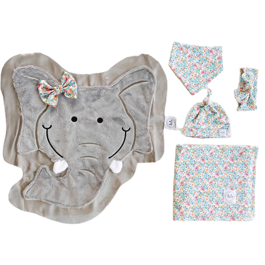 Swaddle set with elephant blanket and floral accessories